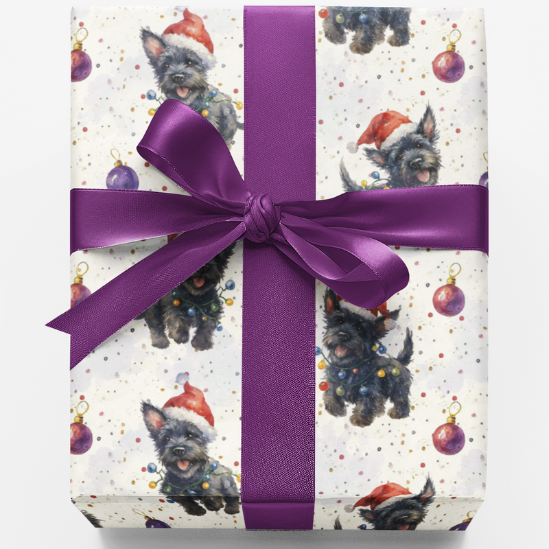 Santa Hat Pup Holiday Gift Wrap, Christmas Terrier Dog Wrapping Paper, Adorable Dog Lover Present Wrapping Paper