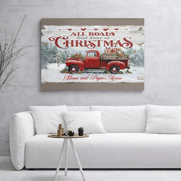 Red Truck Winter Canvas Print, All Roads Lead Home at Christmas Canvas, Rustic Holiday Wall Art, Farmhouse Xmas Canvas, Grand