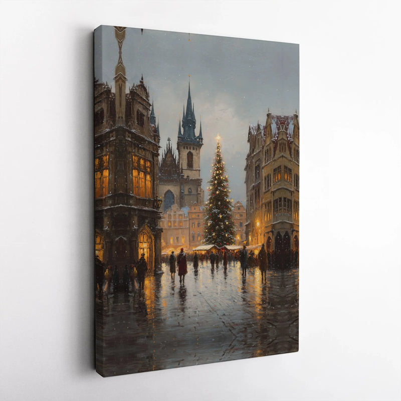 Old Town Square Winter Canvas Wall Art, Prague Christmas Market Canvas Print, European Travel Holiday Canvas, Festive Cityscape Print