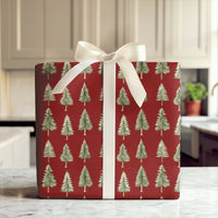Rustic Red Christmas Gift Wrap, Watercolor Pine Tree Wrapping Paper, Deep Red Winter Forest Wrapping Paper, Festive Holiday Wrapping Paper