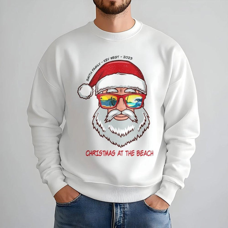 Tropical Santa Sunglasses Crewneck, Personalized Christmas Beach Sweatshirt, Custom Holiday Vacation Sweater, Family Travel Present