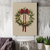 Illuminated Holiday Canvas Wall Art, Christmas Wreath Canvas Print, Red Bow Winter Canvas Decor, Festive Xmas Painting