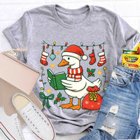 Humorous Holiday Bookworm Goose Shirt, Christmas Goose Reading Book T-Shirt, Adorable Winter Reading Tee, Book Lover Christmas Present T-Shirt