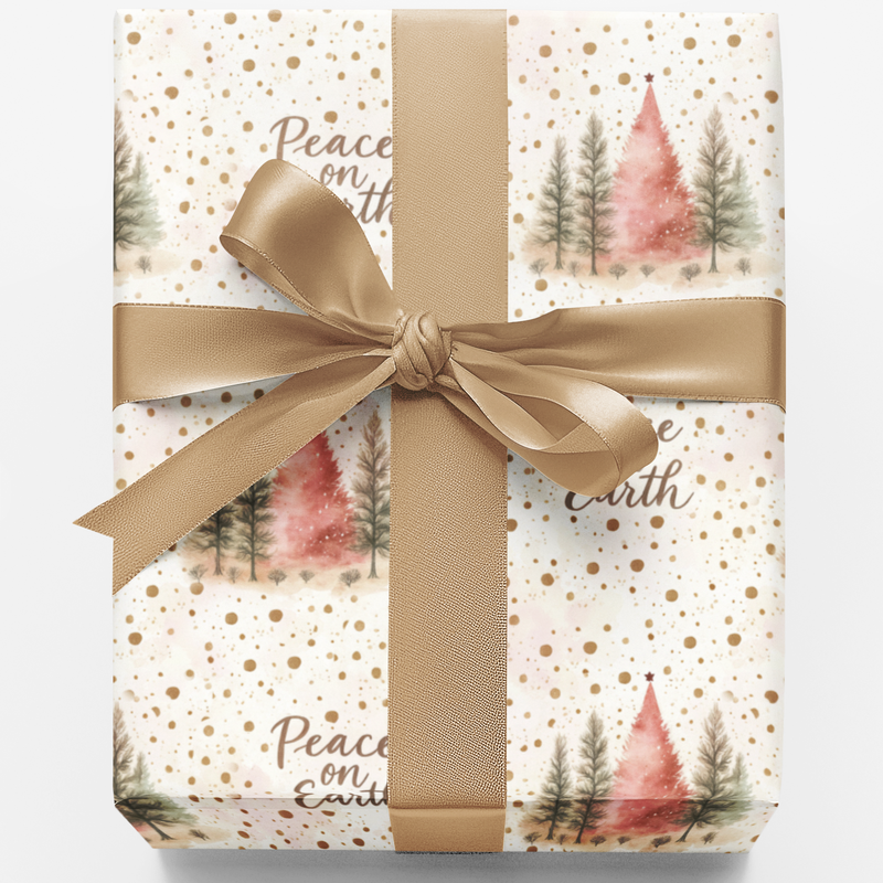 Watercolor Pine Tree Gift Wrap, Peace on Earth Christmas Wrapping Paper, Holiday Forest Paper Roll, Winter Xmas Wrapping Paper Gift Wrap