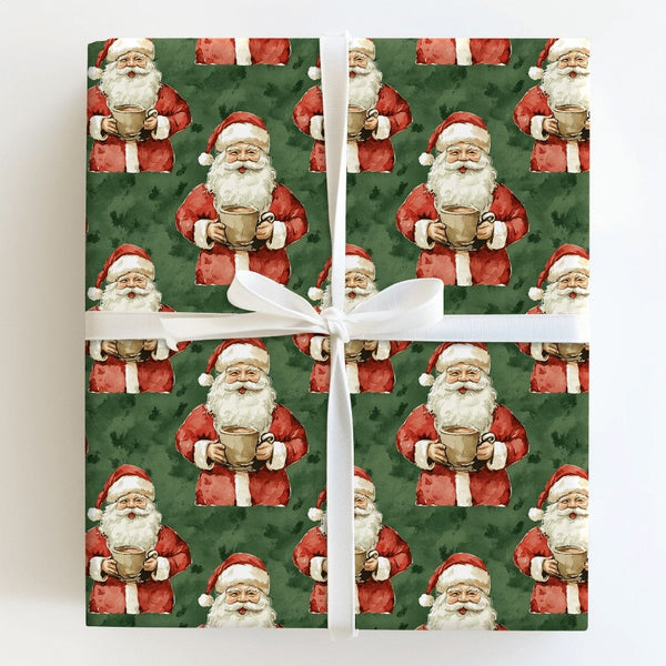 Comfy Christmas Santa Gift Wrap, Vintage Santa Hot Cocoa Wrapping Paper, Retro Green Holiday Wrapping Paper, Festive Winter P