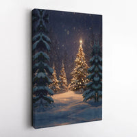 Glowing Winter Trees Canvas Print, Snowy Christmas Forest Canvas Wall Art, Comfy Holiday Night Canvas Decor