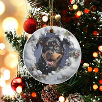 Snowy Winter Dog Ornament, Rottweiler Christmas Ornament, Glossy Ceramic Tree Ornament, Round Dog Lover Keepsake, Festive Holiday Pet Present