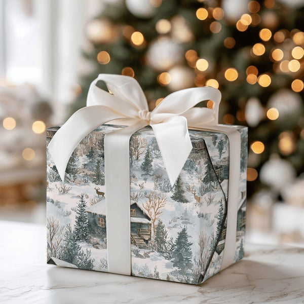 Rustic Deer Forest Gift Wrap, Winter Cabin Christmas Wrapping Paper, Watercolor Woodland Snow Scene Wrapping Paper, Holiday G