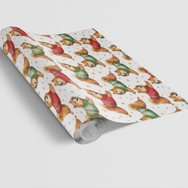 Running Dog Sweater Christmas Gift Wrap, Watercolor Shiba Inu Wrapping Paper, Puppy Holiday Wrapping Paper, Adorable Dog Love