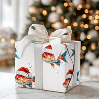 Humorous Holiday Fish Gift Wrap, Santa Goldfish Christmas Wrapping Paper, Adorable Aquatic Animal Wrapping Paper, Novelty Xmas Gift Wrap Roll