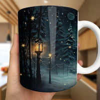 Glowing Lanterns Snowy Pine Trees Coffee Mug, Enchanted Winter Forest Ceramic Mug, Comfy Landscape Tea Cup, Christmas Holiday Present Mug