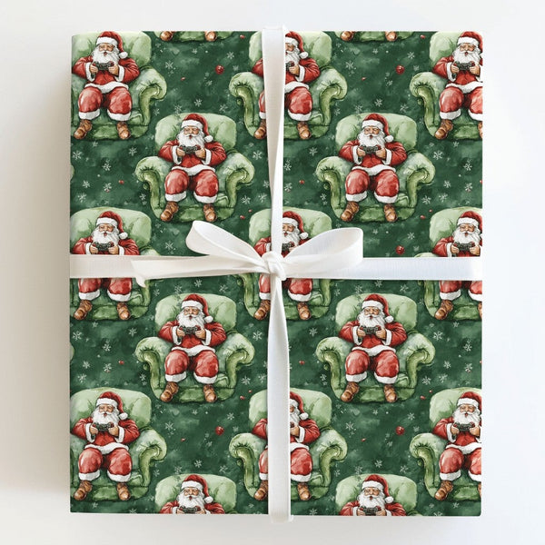 Video Game Christmas Gift Wrap, Gamer Santa Wrapping Paper, Humorous Gaming Santa Wrapping Paper, Tech Lover Holiday Paper Ro