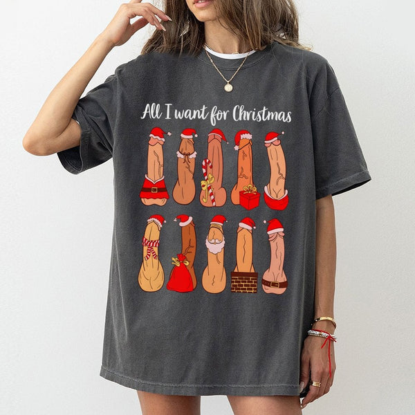 Humorous Adult Christmas T-Shirt, All I Want for Christmas Is Naughty Shirt, Sarcastic Holiday Party Humor Tee, Naughty List 
