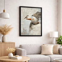 Rustic Winter Oil Painting Poster, Snowman and Bird Canvas Wall Art Print, Farmhouse Christmas Holiday Decor, Digital Download Present