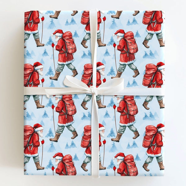 Watercolor Outdoor Santa Wrapping Paper, Hiking Santa Christmas Wrapping Paper, Winter Hiker Claus Wrapping Paper, Nature Lov