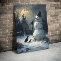 Moody Cottage and Crows Wall Art, Dark Winter Snowman Canvas Print, Gothic Christmas Canvas, Winter Landscape Decor, Holiday Canvas Art