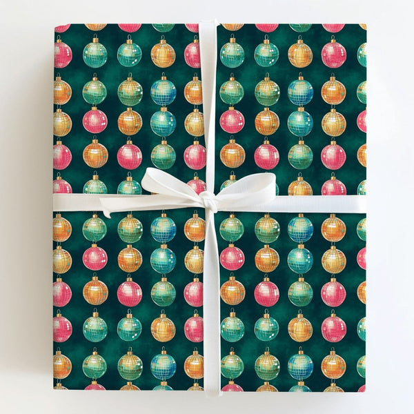 Retro Christmas Gift Wrap Roll, Disco Ball Ornament Wrapping Paper, Multicolor Holiday Present Paper, Dark Green Festive Gift
