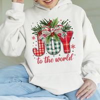 Buffalo Plaid Holiday Hooded Sweatshirt, Joy to the World Christmas Hoodie, Religious Xmas Pullover, Christian Typography Hoodie