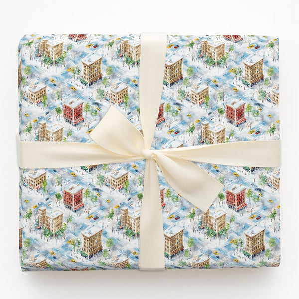 Watercolor Snowy Urban Street Gift Wrap, Winter City Christmas Wrapping Paper, Isometric Cityscape Wrapping Paper Roll, Holid