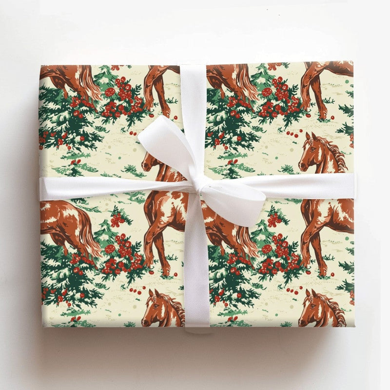 Equestrian Holiday Gift Wrap, Vintage Horse Christmas Wrapping Paper, Rustic Pony Pine Tree Wrapping Paper, Winter Holiday Horse Lover Present