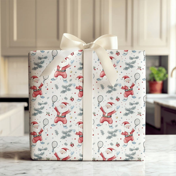 Sports Holiday Gift Wrap, Tennis Santa Christmas Wrapping Paper, Santa Claus Tennis Present Paper, Festive Tennis Player Pres