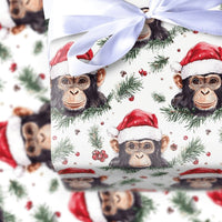 Santa Hat Monkey Gift Wrap, Chimpanzee Christmas Wrapping Paper, Humorous Animal Holiday Paper, Festive Pine Berry Present Wrapping Paper