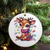 Adorable Deer with Christmas Lights Ornament, Kawaii Baby Reindeer Ceramic Ornament, Festive Holiday Tree Ornament, Winter Xmas Keepsake Present