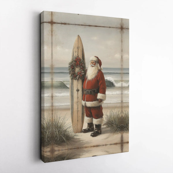 Coastal Vintage Santa Canvas Print, Surfing Santa Canvas Wall Art, Tropical Christmas Wall Decor, Beach House Holiday Canvas 