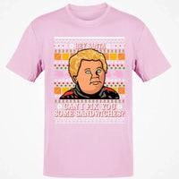 Ugly Christmas Sweater Graphic Tee, Hey Santa Can I Fix You Some Sandwiches T-Shirt, Humorous Holiday Movie Quote Shirt, Xmas Present