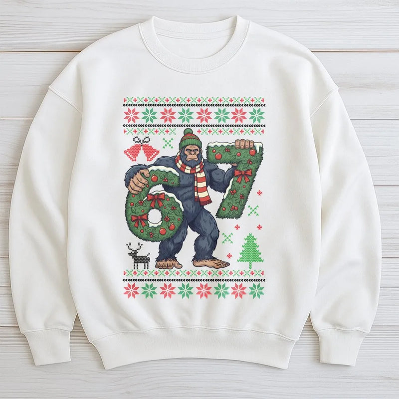 Humorous Sasquatch Christmas Sweatshirt, Bigfoot 67 Christmas Sweatshirt, Ugly Pattern Holiday Sweatshirt, Winter Sasquatch Crewneck Sweater
