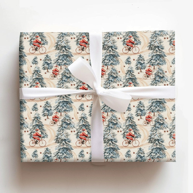 Vintage Cycling Christmas Gift Wrap, Santa Biking in Snowy Forest Wrapping Paper, Bicycle Holiday Wrapping Paper, Cyclist Gift Wrap