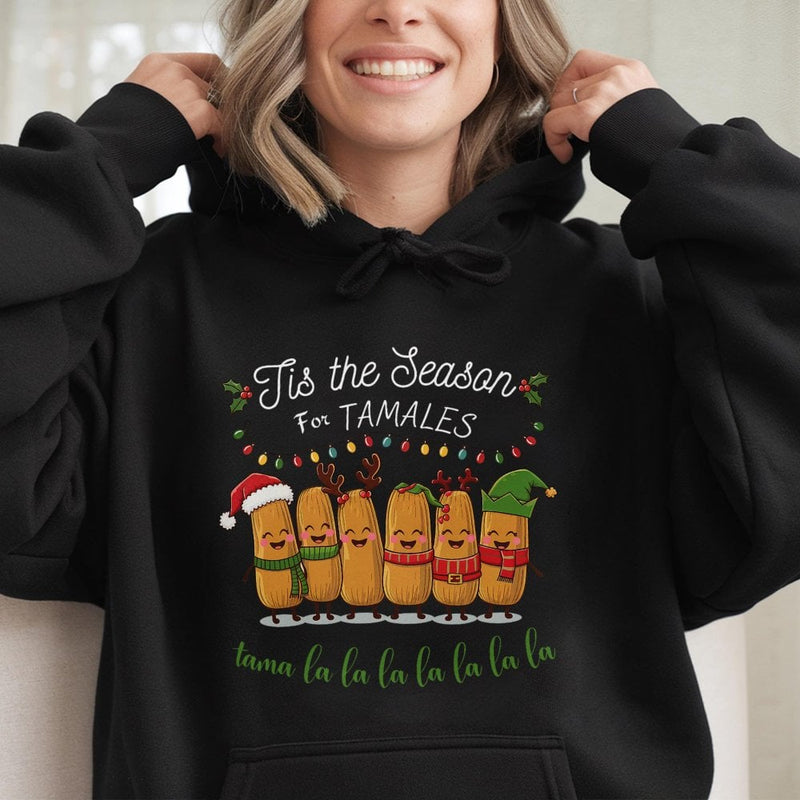Humorous Mexican Food Christmas Hoodie, Tis the Season for Tamales Hoodie, Retro Foodie Holiday Hooded Sweatshirt, Tamale Lover Pullover Hoodie