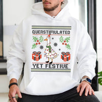 Humorous Duck Christmas Hooded Sweatshirt, Overstimulated Yet Festive Goose Hoodie, Holiday Goose Graphic Pullover, Sarcastic Xmas Hoodie