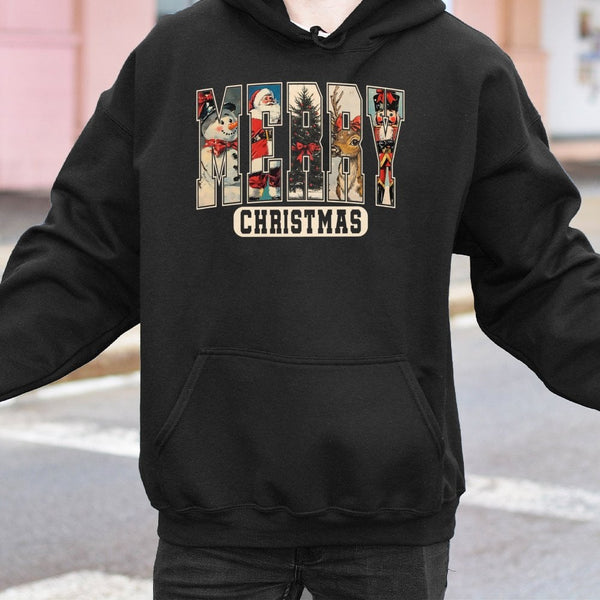Retro Vintage Holiday Characters Hooded Sweatshirt, Merry Christmas Hoodie, Nostalgic Xmas Pullover, Festive Winter Present f