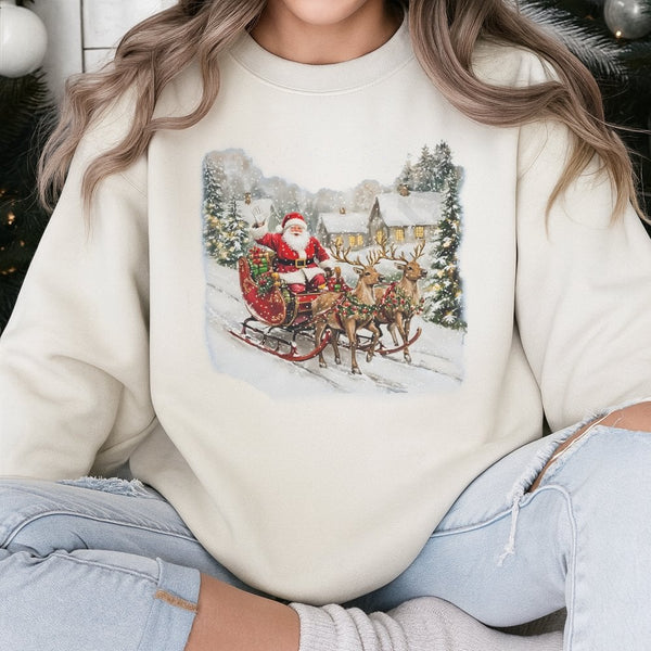 Nostalgic Sleigh Reindeer Graphic Pullover, Vintage Santa Sweatshirt, Retro Christmas Crewneck, Holiday Season Sweater Presen