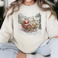 Nostalgic Sleigh Reindeer Graphic Pullover, Vintage Santa Sweatshirt, Retro Christmas Crewneck, Holiday Season Sweater Present