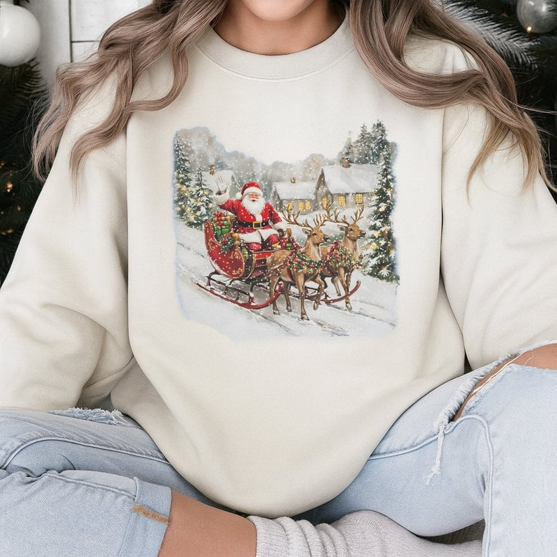 Nostalgic Sleigh Reindeer Graphic Pullover, Vintage Santa Sweatshirt, Retro Christmas Crewneck, Holiday Season Sweater Present