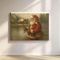 Rustic Log Cabin Christmas Canvas Art, Santa Claus Fishing Canvas, Winter Landscape Canvas Print, Holiday Wall Decor, Fisherman Xmas Present