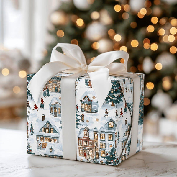 Nostalgic Winter Town Holiday Gift Wrap, Snowy Christmas Village Wrapping Paper, Classic Xmas Wrapping Paper Roll, Festive Ho