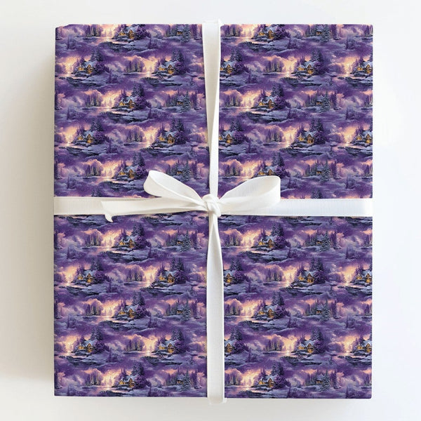 Purple Snowy Forest Gift Wrap, Winter Cabin Wrapping Paper, Comfy Cabin Christmas Wrapping Paper, Holiday Gift Wrap Roll, Win