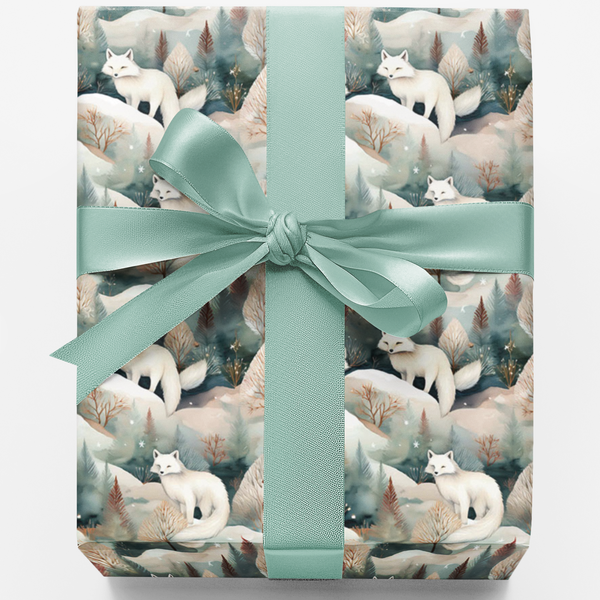 Snowy Woodland Forest Holiday Gift Wrap Roll, Arctic Fox Christmas Wrapping Paper, Winter Watercolor Present Paper, Nature An