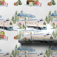 Watercolor Snowy Station Gift Wrap, Christmas Train Wrapping Paper, Vintage Holiday Train Wrapping Paper, Winter Gift Wrap, Pink Train Paper