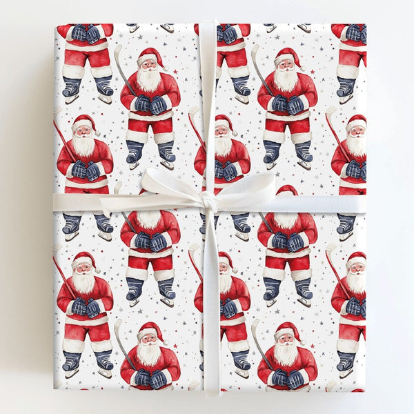 Watercolor Ice Hockey Christmas Gift Wrap, Hockey Santa Wrapping Paper, Festive Santa Gift Wrapping Paper, Holiday Wrap for H
