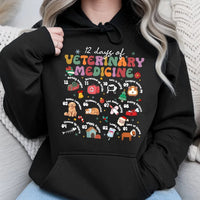 Humorous Vet Tech Christmas Sweatshirt, 12 Days of Veterinary Medicine Hoodie, Animal Doctor Hooded Pullover, Holiday Present for Veterinarians