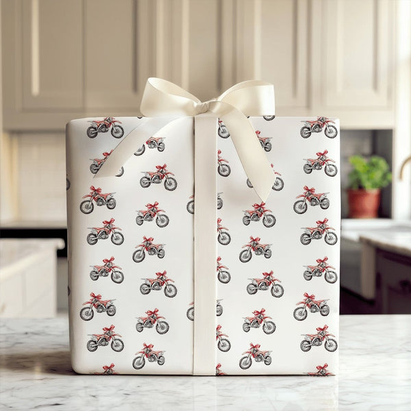 Motocross Holiday Gift Wrap, Dirt Bike Christmas Wrapping Paper, Motorcycle Bow Wrapping Paper, Racing Enthusiast Present Wra