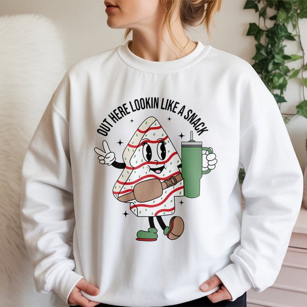 Lookin Like A Snack Sweater, Christmas Tree Cake Sweatshirt, Humorous Holiday Snack Graphic Crewneck, Retro Xmas Tree Cake Pr