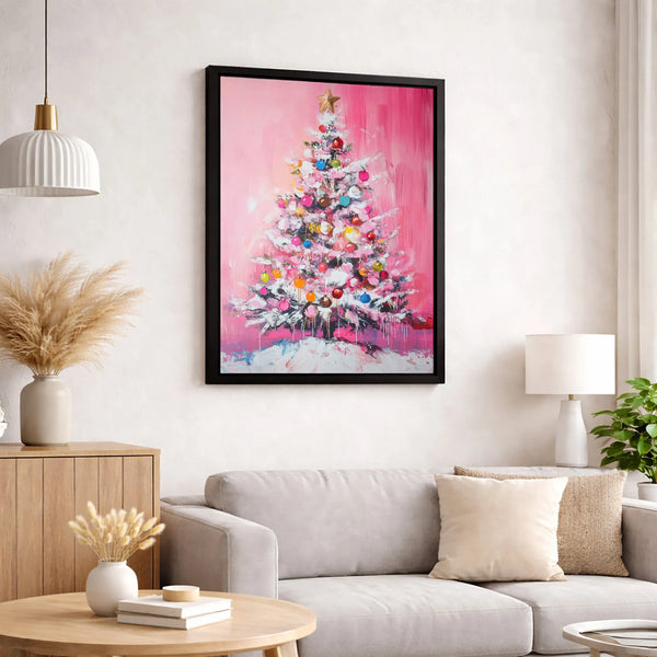 Pastel Holiday Tree Canvas Print, Pink Christmas Tree Canvas Wall Art, Abstract Xmas Tree Canvas Decor, Pink Tree Wall Poster