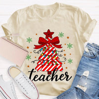 Bow Christmas Tree Colorful Lights Graphic Tee, Teacher Christmas T-Shirt, Festive Holiday Educator Shirt, Xmas Present