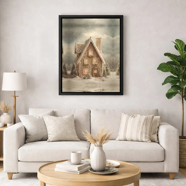 Snowy Winter Cabin Wall Art, Gingerbread House Christmas Canvas, Holiday Gingerbread Canvas Print, Festive Winter Scene Wall 