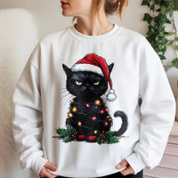 Tangled Lights Cat Sweater, Grumpy Black Cat Christmas Sweatshirt, Humorous Holiday Cat Crewneck, Spooky Adorable Xmas Sweatshirt, Cat Lover Present